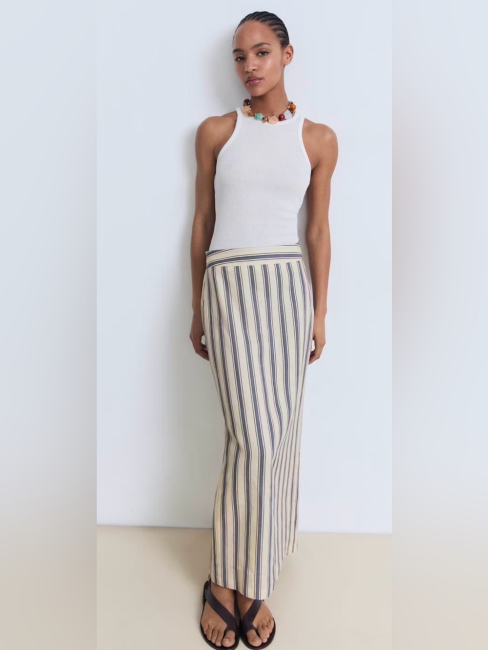 Mango linen Striped Cream and Navy Maxi Skirt